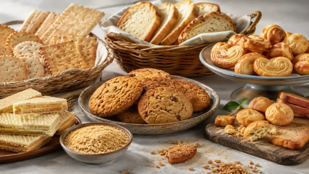 Heat-stable curdlan gum application for baked goods including cookies, biscuits, crackers, wafers, bread crumbs and crispy bakery products