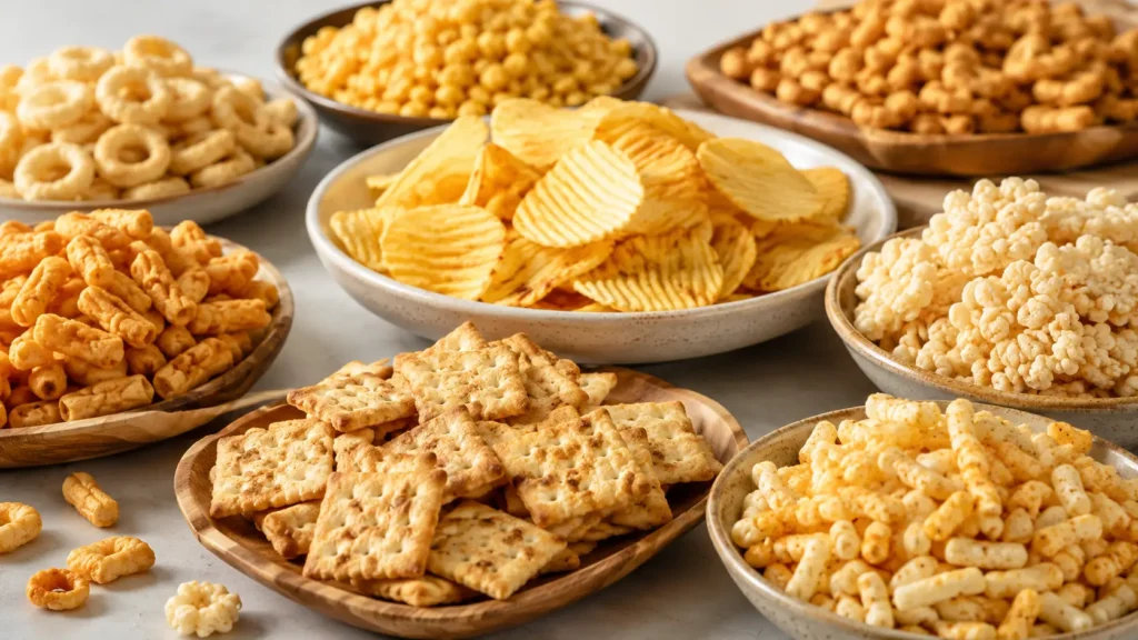 High-gel curdlan powder application for crispy snack foods such as extruded snacks, chips, crackers, puffed snacks and crunchy grain snacks